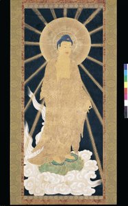 Tríada de Amitabha (Amida) descendiendo del cielo (pigmento sobre konshi (papel de arroz azul)) de Unknown artist