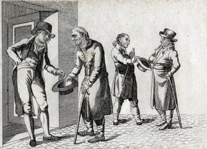 Amone. Mendigos tendiendo sombreros para recibir monedas. Grabado de finales del siglo XVIII. Colección privada. de Unknown artist