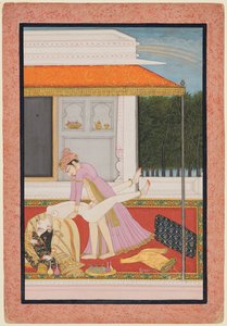 Una pareja amorosa, probablemente Raja Mahendra Pal de Basohli (r. 1806–13) con una reina favorita