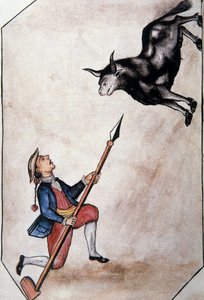 Un indio apuntando con su lanza a un toro, del libro "Trujillo del Perú" o "Códice Martínez Compañón", por Baltazar Martínez Compañón y Bujanda, obispo de Trujillo (1782-1785) de Unknown artist