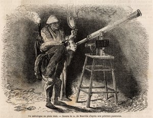 Un astrónomo busca el cielo al aire libre usando su telescopio. Grabado para ilustrar el viaje a Japón, en 1863-1864, por Aime Humbert, ministro de la Confederación Suiza, en "Le tour du monde, nouveau journal des voyages" publicado bajo la dirección de Ed de Unknown artist