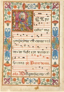 Ángel tocando un instrumento en una "R" inicial decorada con flora, fauna y grotescos, de una antífona de Unknown artist