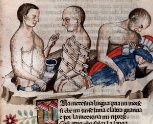 Anteo el gigante baja a Dante y Virgilio al suelo helado del círculo de la Traición (canto 31 del Infierno, en la Divina Comedia) - miniatura del siglo XV de Unknown artist