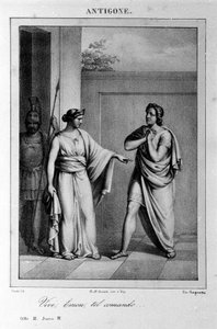 Antígona Acto I, escena 3. Tragedia italiana de Vittorio Alfieri escrita en 1783 después de la mitología griega. Grabado del siglo XVIII