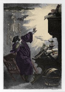 Aparición de Mefistófeles (Mefisto) a Fausto. Ilustración de 
