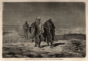 Beduinos árabes, comerciantes de pieles de pantera y lana de oveja, en ruta hacia el mercado de Bagdad (Irak). Grabado para ilustrar el viaje a Babilonia, en 1866, por Guillaume Lejean, en “Le tour du monde, nouveau journal des voyages” publicado bajo la d de Unknown artist
