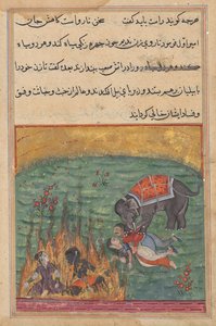 Como castigo, la esposa del bufón y el Zangi son arrojados al fuego y la esposa del emir y el mahout son pisoteados por un elefante, de un Tuti-nama (Cuentos de un Loro), Vigésima Segunda Noche