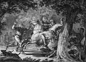 Asesinato de Childerico II, 675: el rey de los francos (circa 653-675) fue asesinado en el bosque de Lognes por Bodillon, un señor a quien había azotado. Grabado del siglo XVIII. de Unknown artist