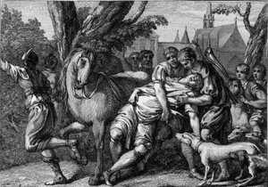 Asesinato de Chilperico I (539-584), rey de Neustria, patrocinado por su esposa, la reina Fredegonda (ca. 545-597), 584. Grabado del siglo XVIII