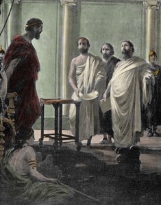 General y político ateniense Alcibíades (450 a.C.-404 a.C.), discípulo de Pericles y Sócrates, recordado en 407 por el régimen democrático en Atenas después de su exilio. Grabado del siglo XIX de Unknown artist