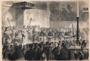Audiencia dada por el Papa Pío IX (1792-1878) a eclesiásticos extranjeros en la Capilla Sixtina en Roma con motivo de las celebraciones de la canonización de los 26 "mártires de Japón", un grupo de católicos crucificados en Japón en 1597. de Unknown artist