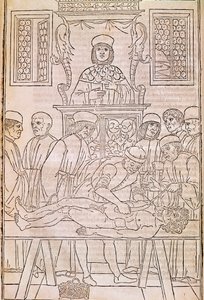 Autopsia. El cuerpo de un hombre muerto disecado por médicos para un estudio de anatomía. "Fascicula Medicinae". Códice de un fascículo médico de Johannes Kethan de Unknown artist