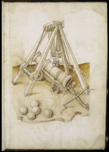 Cañón de bolas y elevador - Manuscrito: hoja de pergamino de un manual de ingeniero para la construcción de edificios civiles, religiosos y militares, anónimo, finales del siglo XV (figura en tinta china) de Unknown artist