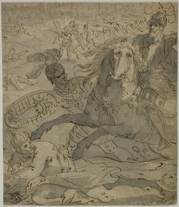 Escena de batalla con general cargando a caballo en primer plano, artillería y cañones en el fondo de Unknown artist