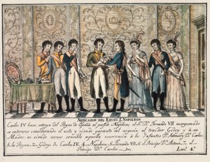 Entrevista de Bayona en 1808 tras la insurrección de Aranjuez, que vio la abdicación del Rey Carlos IV de España ceder el trono a Napoleón I antes de su hijo Fernando VII de Unknown artist