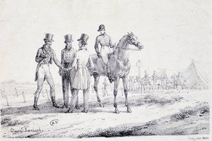 Apuesta al borde del campo de carreras con un jinete a caballo - litografía, principios del siglo XIX de Unknown artist