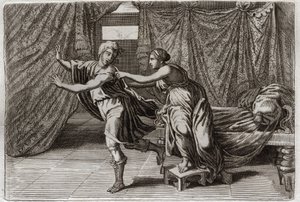 Biblia de Royaumont, Antiguo Testamento: Castidad de José. José es solicitado por la esposa de Putifar y es encarcelado. Ilustración de 1811. de Unknown artist