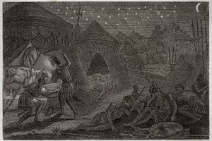 Biblia de Royaumont, Antiguo Testamento: David salva a Saúl. David tiene a Saúl en sus manos, pero no lo hiere. Solo toma la lanza y su copa. Ilustración de 1811. de Unknown artist