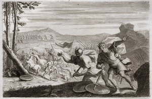 Biblia de Royaumont, Antiguo Testamento: Derrota de Saúl. El ejército de Saúl fue derrotado por los filisteos. Sus tres hijos fueron asesinados allí, y habiendo sido gravemente herido en la batalla, se suicidó. Ilustración de 1811. de Unknown artist