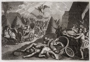 Biblia de Royaumont, Antiguo Testamento: Derrota de Senaquerib. Dios derrotó al ejército de Senaquerib en favor del rey Ezequías por medio de un ángel que mató a ciento ochenta y cinco mil hombres en una noche. Ilustración de 1811 de Unknown artist