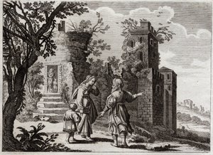 Biblia de Royaumont, Antiguo Testamento: Ismael cazando. Cuando Sara vio que Ismael, el hijo de Agar, trataba mal al pequeño Isaac, pidió a Abraham que la enviara de vuelta con su hijo, para que Isaac fuera el único heredero según las promesas de Dios. Ilu