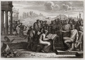 Biblia de Royaumont, Antiguo Testamento: Piedad de Josías. Josías, rey de Judá, restaura el culto a Dios en su reino y supera en virtud a todos los reyes sus predecesores. Ilustración de 1811 de Unknown artist