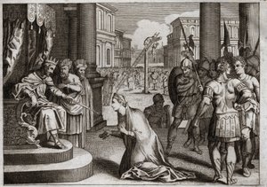 Biblia de Royaumont, Antiguo Testamento: Castigo de Amán. Asuero I (Jerjes I) cuelga a Amán (Hamán) de la horca que había preparado para Mardoqueo (o Mordejai o Mardoqueo) y retracta el Edicto de Muerte que había publicado en todo su reino contra los judío