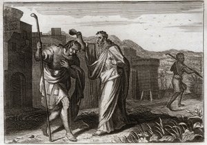 Biblia de Royaumont, Antiguo Testamento: Rito de Saúl. Samuel, por orden de Dios, ungió a Saúl como rey de los judíos. Ilustración de 1811. de Unknown artist