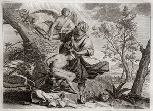 Biblia de Royaumont, Antiguo Testamento: Sacrificio de Abraham. Un ángel sostiene la mano de Abraham antes del sacrificio de su hijo Isaac. A la izquierda, el carnero que Abraham matará en su lugar. Ilustración de 1811. de Unknown artist