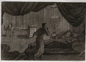 Biblia de Royaumont, Antiguo Testamento: Samuel entrega a Elí. Ana consagra al pequeño Samuel al Señor y lo entrega al sumo sacerdote Elí. Samuel, que escucha la voz del Señor llamándolo en medio de la noche, piensa que es su mentor. Ilustración de 1811. de Unknown artist