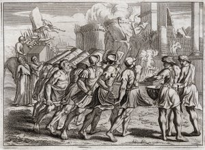 Biblia de Royaumont, Antiguo Testamento: Toma de Jericó. Las murallas de Jericó caen al suelo al sonido de las trompetas de los sacerdotes que precedían el Arca de la Alianza del Señor. Ilustración de 1811.