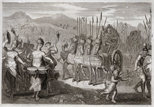 Biblia de Royaumont, Antiguo Testamento: Triunfo de David. Después de que David derrotara al gigante Goliat, las mujeres de Israel salieron a su encuentro para honrar su triunfo, con vítores de alegría y el sonido de instrumentos. Ilustración de 1811 de Unknown artist