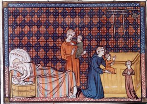 Nacimiento y educación del rey de Francia Luis IX o San Luis (1214-1270). Miniatura del manuscrito "Vida y Milagros de San Luis" de Guillermo de Saint Pathus de Unknown artist