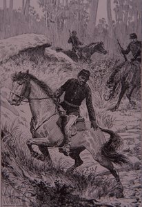 Rastreadores negros persiguiendo a bushrangers en Australia (grabado) de Unknown artist