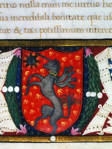 Blasón decora un unicornio, una estrella sobre un fondo rojo. (detalle) de una miniatura. Siglo XIV de Unknown artist