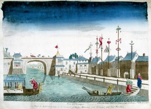 Puente de Cochinchina y barcos distinguidos saliendo de los pabellones. Grabado de finales del siglo XVIII de Unknown artist