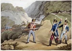 Soldado británico capturó a dos oficiales franceses en la Batalla de los Pirineos - en “Anecdotas Históricas, Militares y Navales...” de Edward Orne