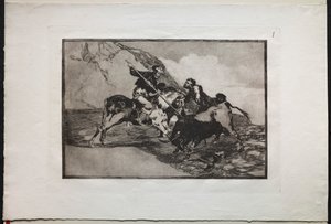 Corridas de toros: La forma en que los antiguos españoles cazaban toros a caballo en campo abierto de Unknown artist