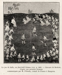 Fútbol birmano o juego de pelota. Grabado de Krakow para ilustrar la historia 
