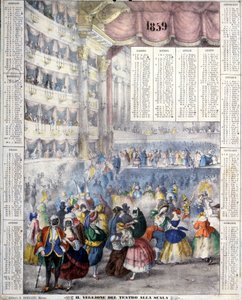 Calendario de 1859 representando una noche de Carnaval en el Teatro alla Scala en 1859