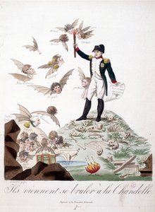 Caricatura sobre Napoleón I representado en una colina cubierta de esqueletos y sosteniendo una vela que quema las alas de personajes (Merlin de Douai, Regnault...) representados como murciélagos - en Napoleón I, caricaturas, colección ficticia. 1814 - 181 de Unknown artist
