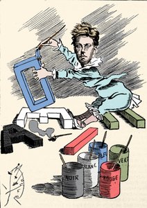 Caricatura que representa al poeta Arthur Rimbaud (1854-1891) cubriendo letras del alfabeto con pintura. Grabado de “Hombres de Hoy” de Unknown artist
