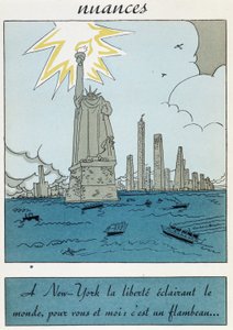 Caricatura de la Estatua de la Libertad en los Estados Unidos: “Libertad en Nueva York iluminando el Mundo, para ti y para mí es una antorcha” de Unknown artist