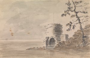 Ruina de castillo en paisaje con lago de Unknown artist