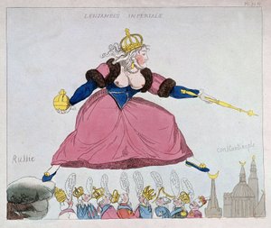 Catalina II saltando de Rusia a Constantinopla sobre soberanos europeos, caricatura, finales del siglo XVIII de Unknown artist