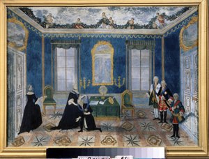 Catalina II de Rusia (1729-1796) llamó al canciller Alexey Bestoujev Rioumine (1693-1768) en la corte (Catalina II llamó al canciller Aleksey Bestuzhev-Ryumin (Bestuzhev Ryumin) a la corte). Cuadro anónimo del siglo XVIII, llorando sobre lienzo, segundo me