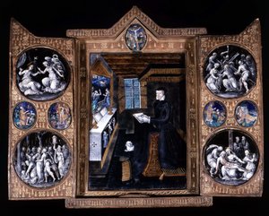 Catherine de Medicis (Caterina de Medici) (1519-1589) en oración - tríptico de esmalte y cuero de Unknown artist