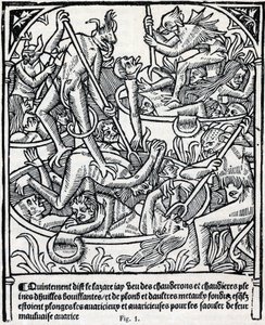 Calderos llenos de aceite y plomo hirviendo en los que los demonios sumergen a los codiciosos para emborracharlos con su mala avaricia.