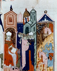 Ceremonia de toma de hábito de un monje Miniatura del “Decretum Gratiani” que regula las leyes y cánones de la Iglesia Católica Romana. Siglo XIV. Cesena, Biblioteca Malatestiana