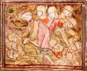 Carlomagno (742-814) encuentra el cuerpo de su sobrino Roldán que murió en la Batalla de Roncesvalles. Miniatura de 